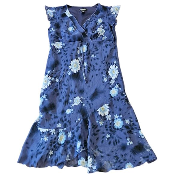 Meghan Matthews Size 14 Vintage Purple Floral Ruffle Feminine 90s Y2K Midi Dress - Picture 1 of 7